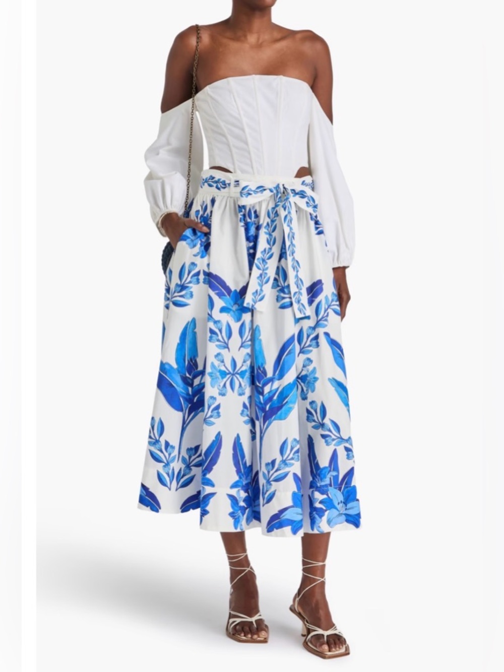 Farm Rio White Maxi Skirt with Blue Botanical Print Medium New w Tags - Picture 2 of 2